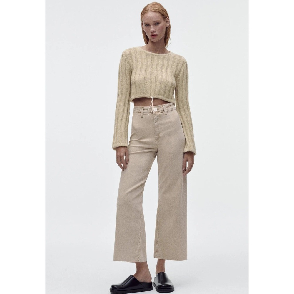 Zara ZW Marine Straight Wide Leg High Waist Jeans 6 Beige Raw Hem Minimalist